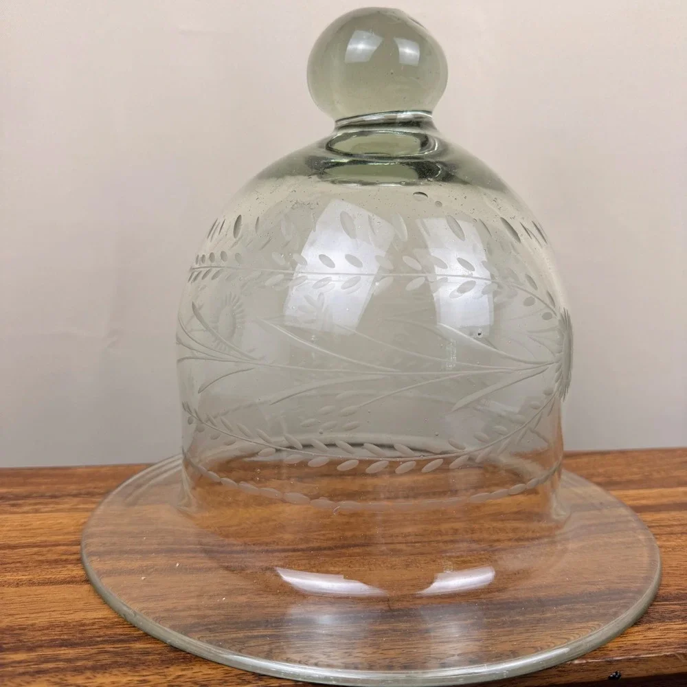 Vintage Bedford Etched Glass Cloche Floral Wheat Dome Cake Cover Clear